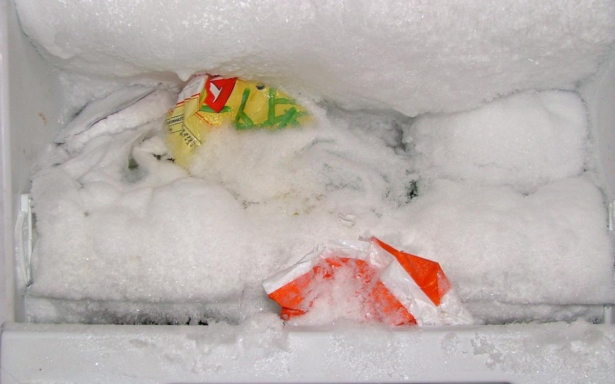 Defrosting tools and freezer maintenance checklist shown with labeled freezer containers